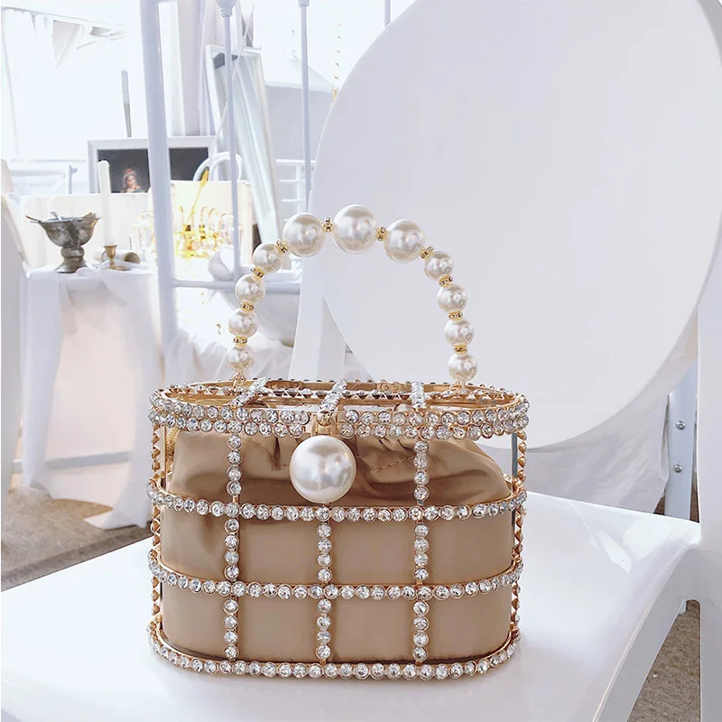 Top-Handle Large Pearl Hexagon Hard Gold Metal Bucket Purse For Women  Evening White/Black Wedding Dinner Handbags Crossbody Bags
