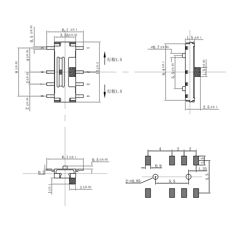 HOT SALE MSS23C02 2P3T Slide Switch 8 Pin T60 Slide Switch SMD for Speaker Electronic Components