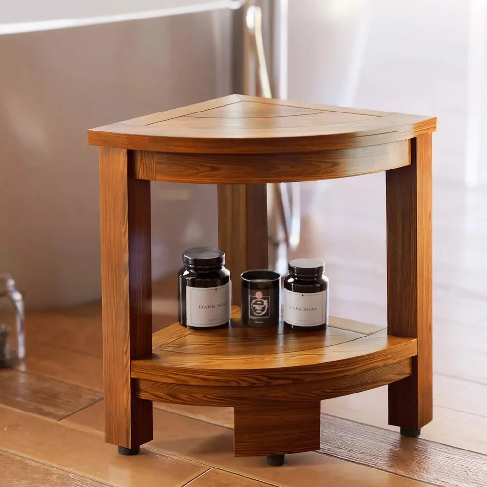 2 Tier Freestanding Wood Corner Shelf Waterproof Fan Shape Corner Side Table Space Saving Storage for Bathroom Living Room
