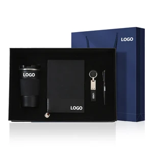 Custom Luxury Black PU Leather Business Notebook Diary Gift Box Set with Logo Vacuum Cup for Promotions and Trade Shows