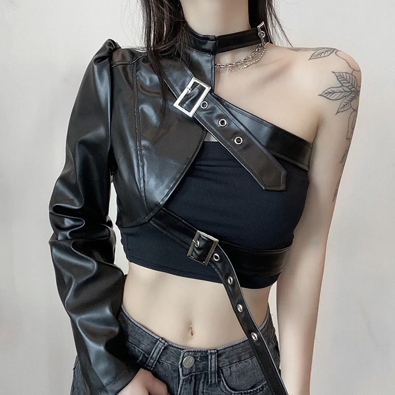 【BAON】Fukui Pocket String Crop Leather Jumper Hip Hop Fashion PU Leather Jacket Women Metal Buttons One