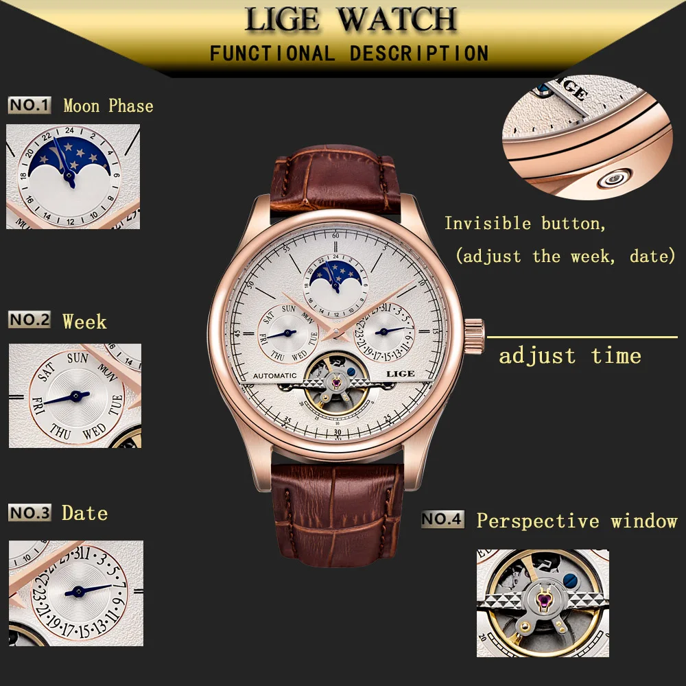 LIGE LG6826 メンズ自動機械式ツールビヨン時計 ブラウンレザー ビジネス用