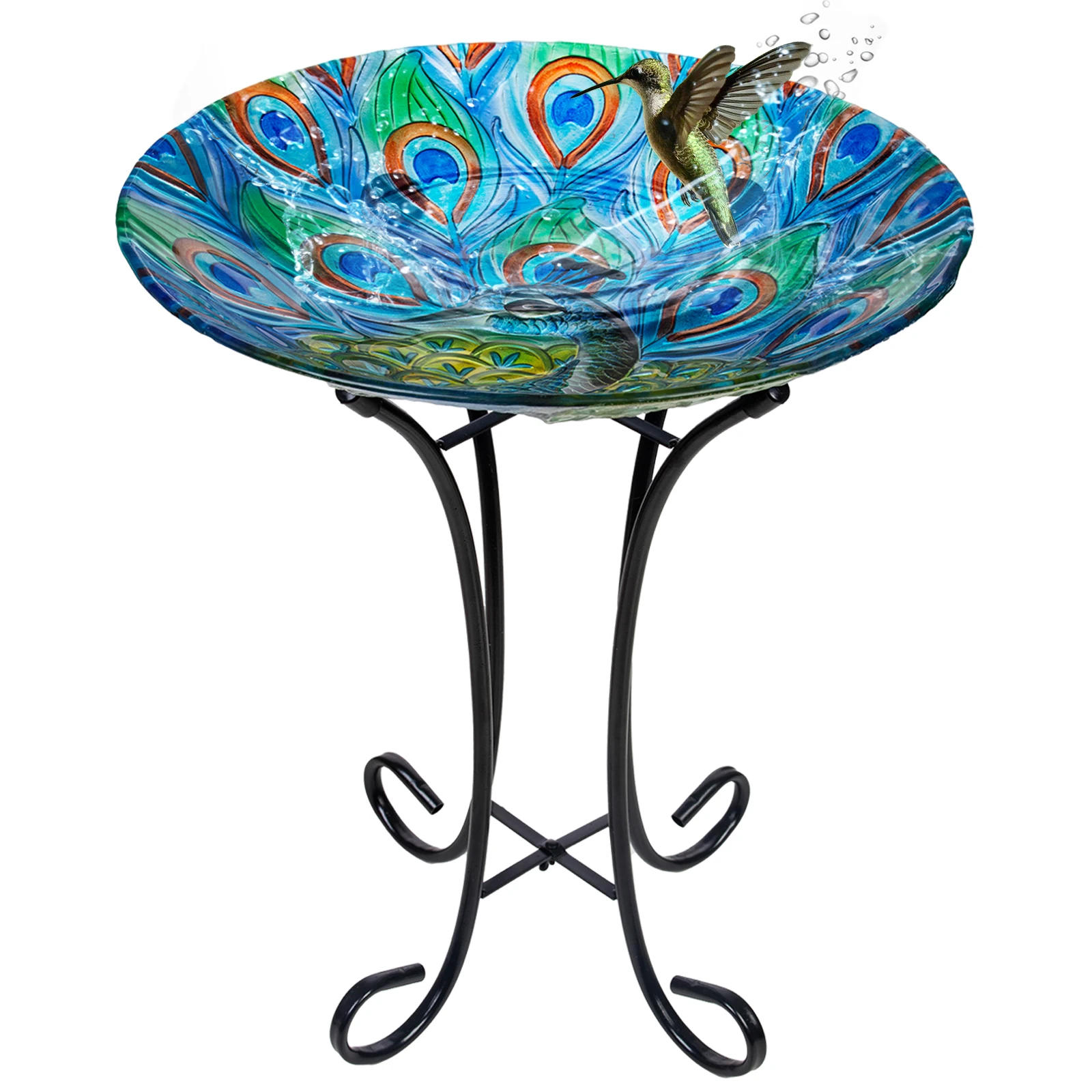 Outdoor Glass Bird Bath 21" Height Peacock Bird Bath with Metal Stand for  Lawn Patio