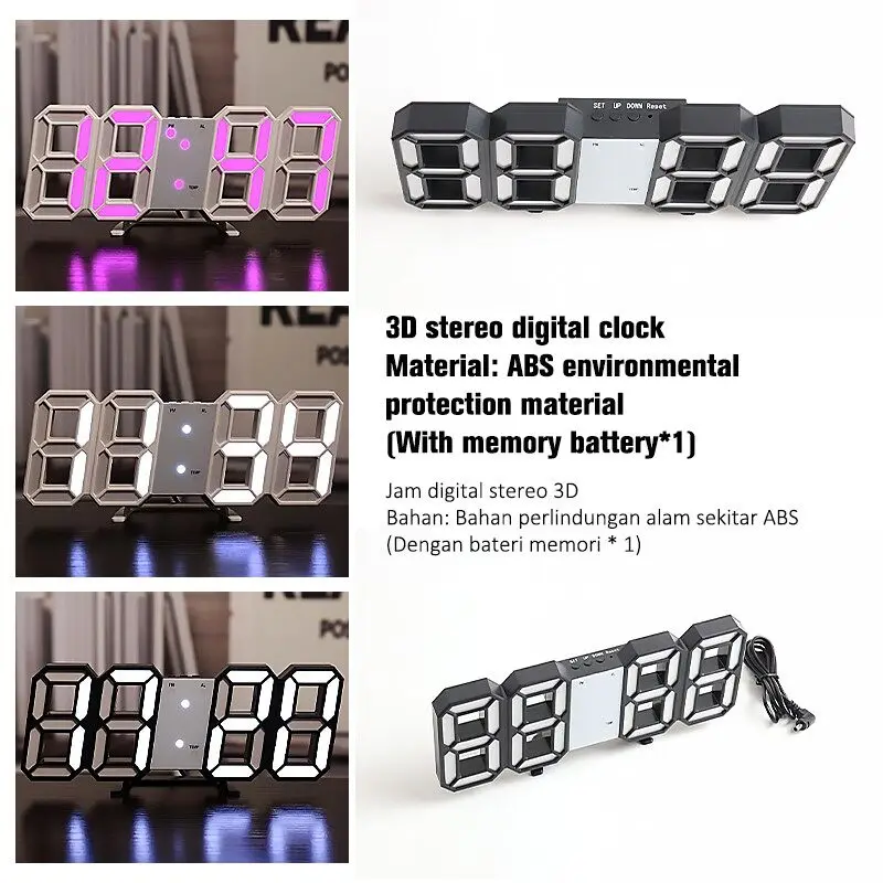 3D LED Digital Clock Wall Deco Glowing Night Mode Adjustable Electronic Table Wall Clock Decoration Living Room LED Clock