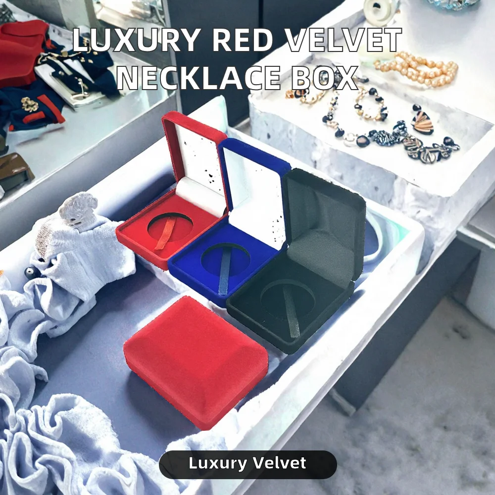 Luxury Red Velvet Rectangle Necklace Box Square Pattern Flocking Jewelry Pendant Packaging preview 2