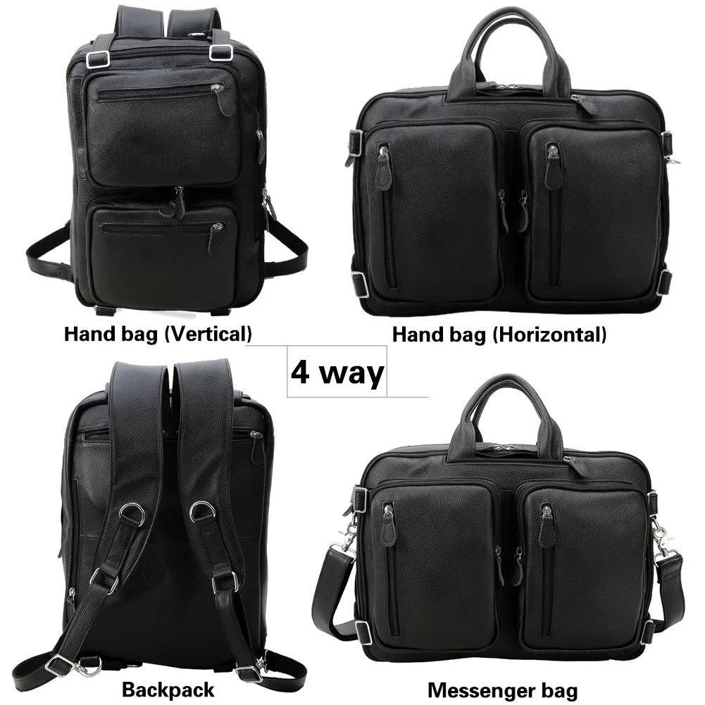 Custom Business Black Top Grain Soft Genuine Leather Laptop Knapsack Cowhide Briefcase Backpack Convertible