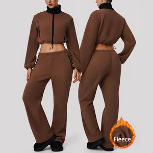 Roregal Autumn/Winter Stand-collar Thickened Double-sided Fleece Jacket Wide-leg Pants Casual Set