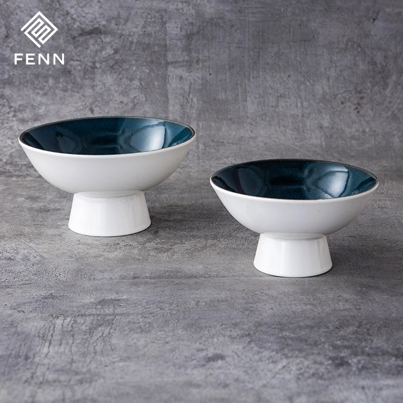 FENN Korean High Foot Decorative Ceramic Fruit Display Bowl Reactive Glaze Dessert Ice Cream Bowls Hotel Ceramic Salad Bowls