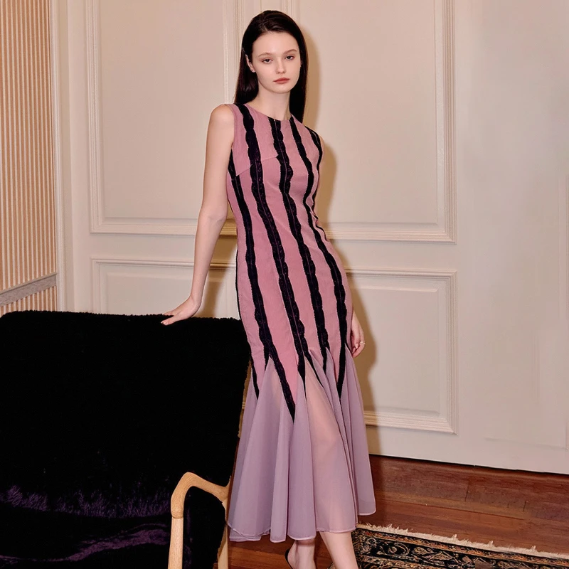 ZYHT 10703 French Style Contrast Color Lace Strip Pink Dress