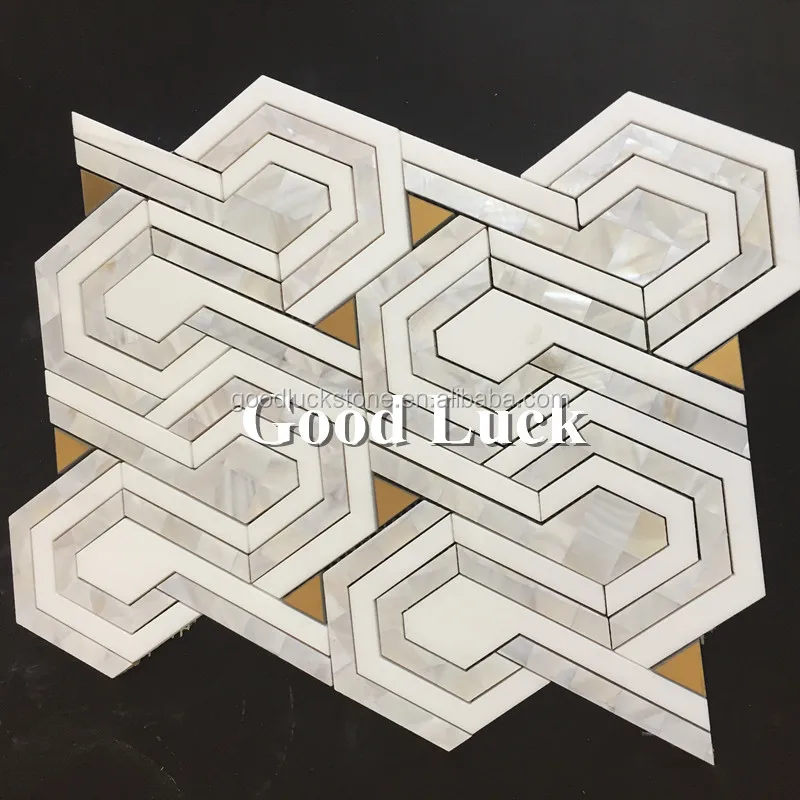 Nature Shell Mix Brass and Marble Waterjet Mosaic Tiles for Wall Decoration details