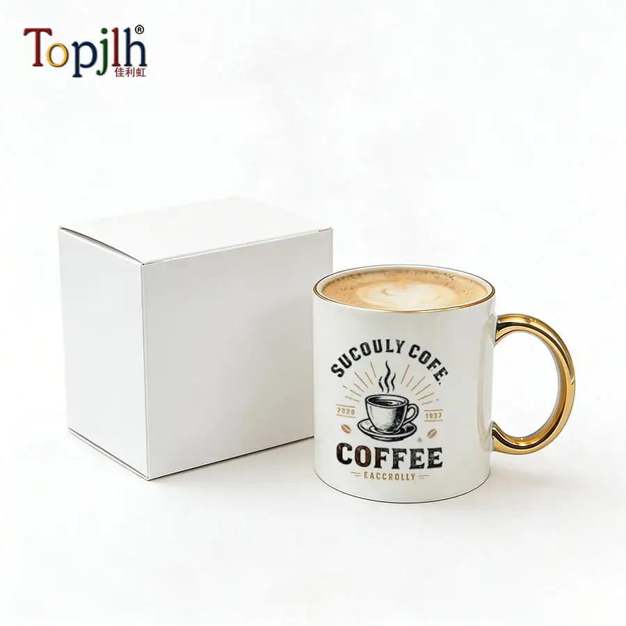 Topjlh Classical Luxury 11oz Gold Handle White Ceramic Mug Sublimation Blank Custom Printable Coffee Cup Wholesale Bulk