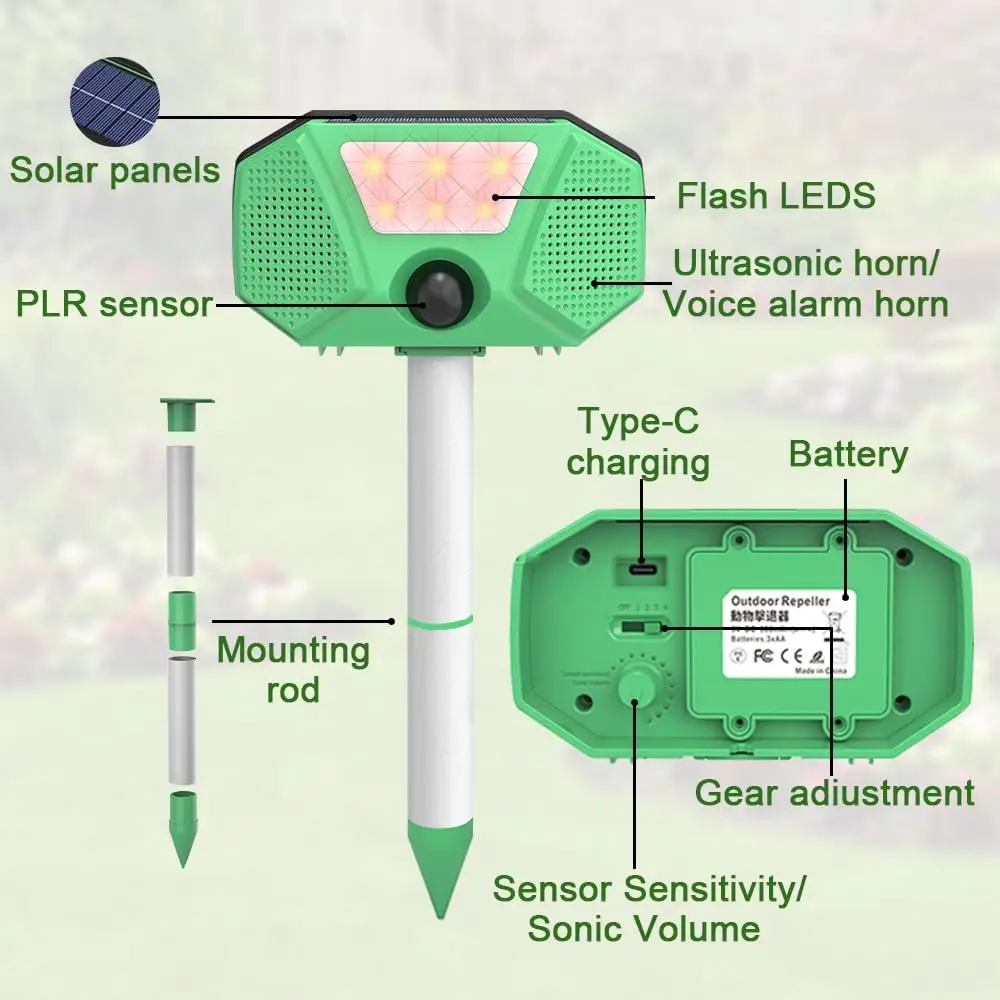 Saijzek New 360 Outdoor Solar Powered Ultrasonic Smart Animal Repellent Deer/Cat/Monkey/Wild Pig/Bird Repeller details