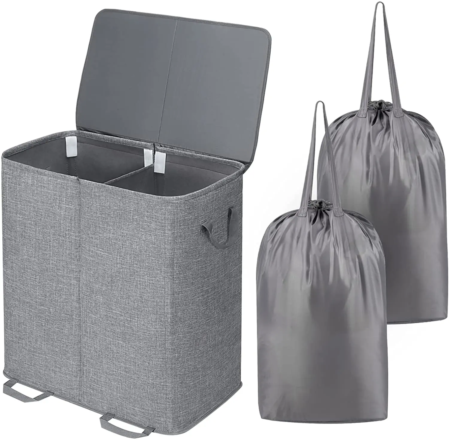 Large Capacity Collapsible 2 Dividers Dirty Clothes Basket Double Laundry Hamper With Lid and Removable Laundry Bags