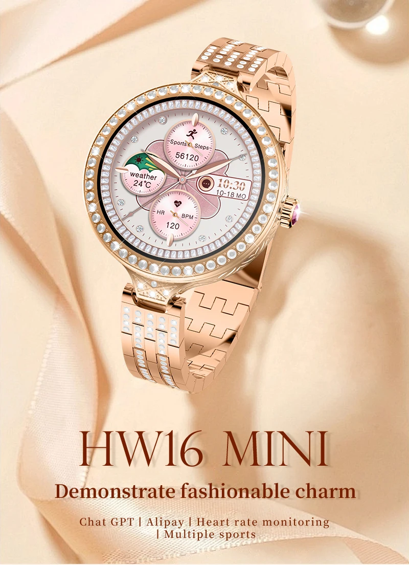 2024 HW16 mini Smart Watch Ladies Diamond Steel Band Lady Smart Bracelet Waterproof NFC Smartwatch for Women Fashion Jewelry Set