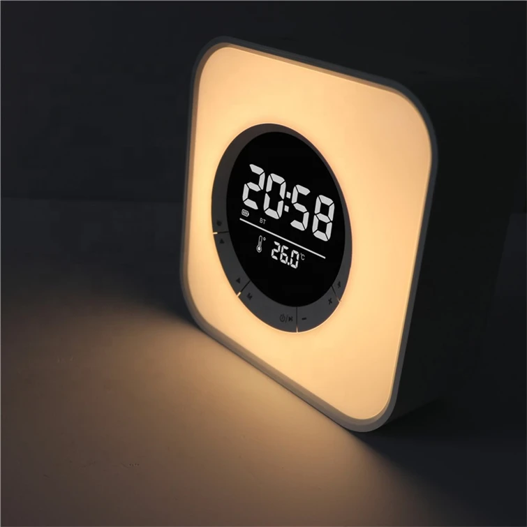 Cube Design Portable Type With Changeable RGB LED Light Speaker With Clock Alarm Function and Thermometer Cool Speaker