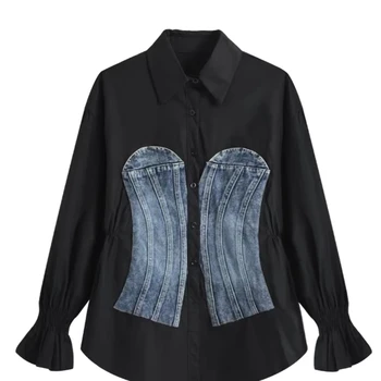 Women's large size denim long-sleeved shirt for autumn chubby sister. Waist-cinching and slimming top with spliced design sense.