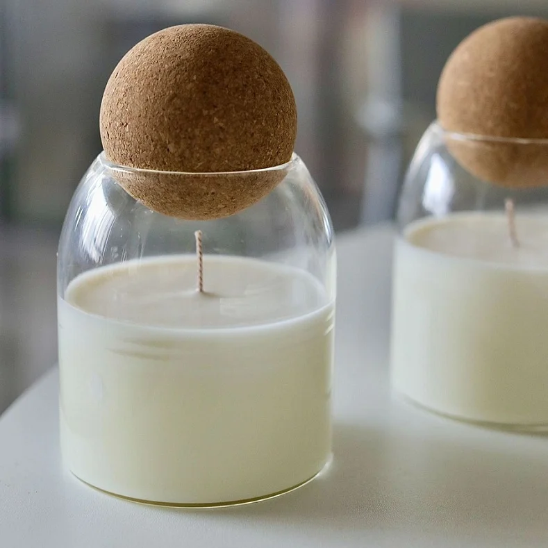 Most Popular Luxury 5oz 8oz 16oz Unique Cute Candle Holders Borosilicate Glass Ball Candle Jars with Wood Cork Lid