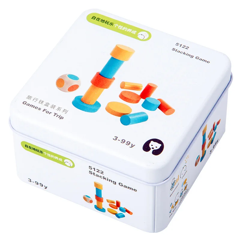 Multifunction Kids Interactive Games Cartoon Educational Wooden Iron Box Toys Wooden Building Blocks Puzzle Toys For Child