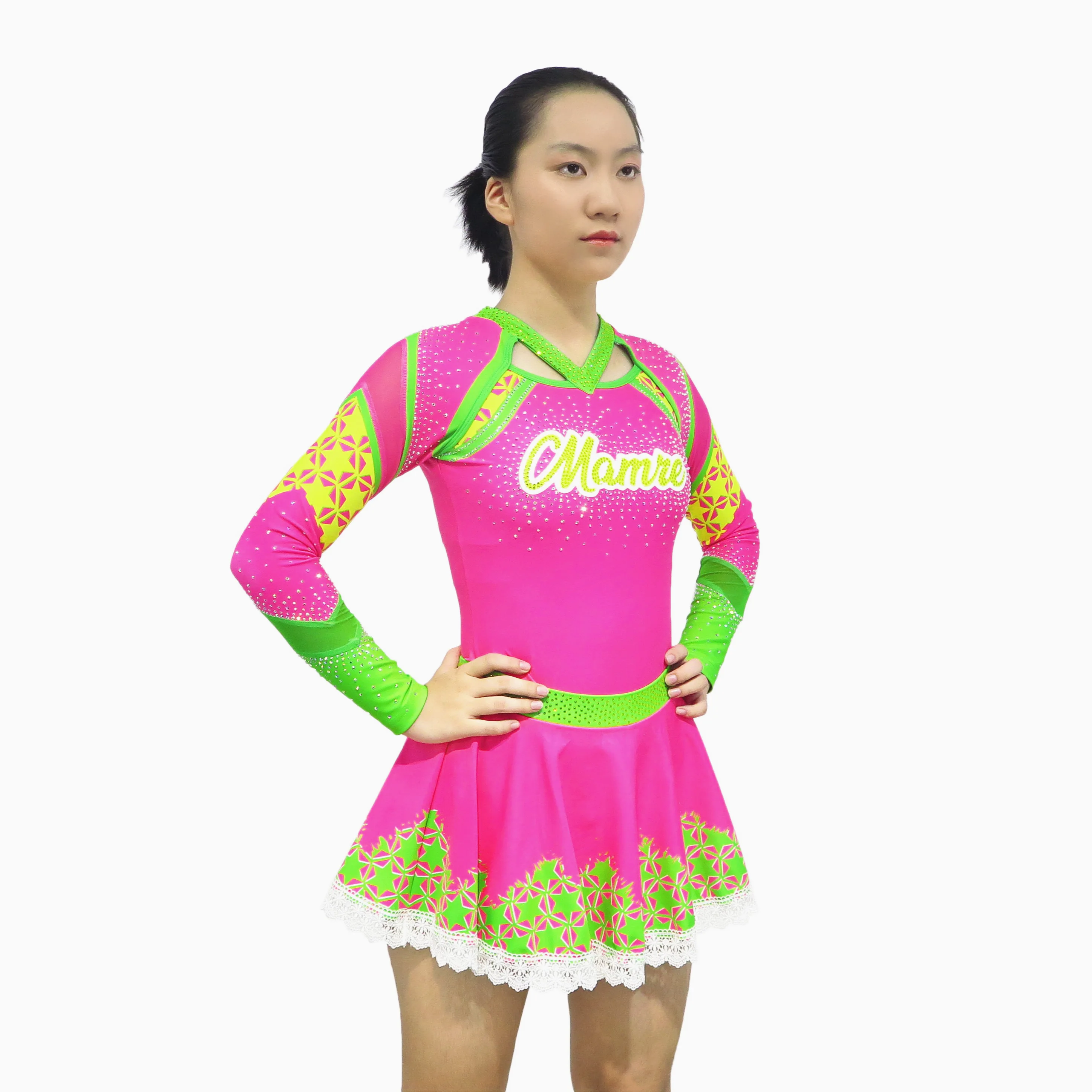 Pink Cheerleading Uniform with Mamre Print Colorful Design Team Competition Cheer Dance Performance Dress