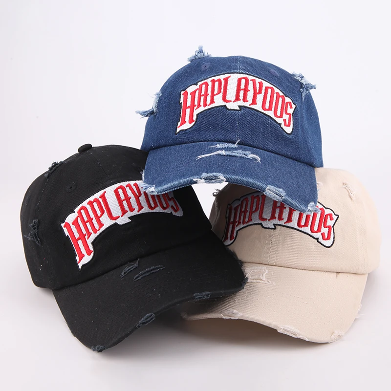 Factory Wholesale High Quality Custom Logo Broken Distressed Denim Baseball Cap 6 Panel Unstructured Denim Dad Hat