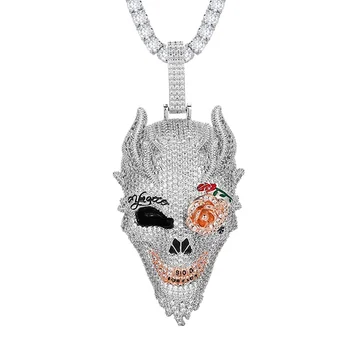 Full Pave Shiny Zircon Diamond Skull Head Pendant Iced Out White Gold Plated Rose Flower Eye Ghost Face Pendant Hip Hop Jewelry