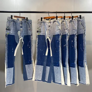 New style High quality custom mens vintage wash hand painted casual carpenter flared denim jeans