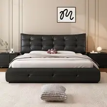 Modern Minimalist Luxury Bedroom with Solid Wood Frame and Genuine Leather Bed, Furniture Bed with Storage Space