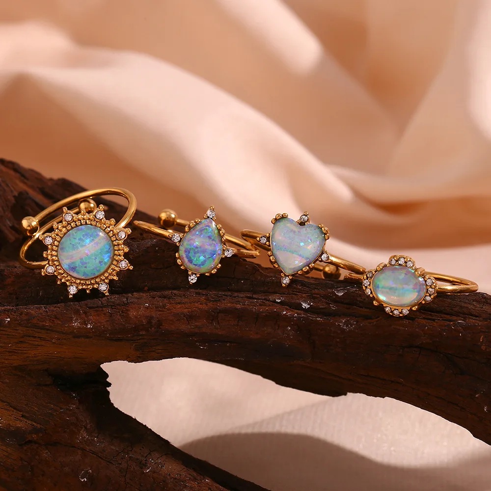 Adjustable Circle Heart Sun Waterdrop Natural Opal Stone Rings for