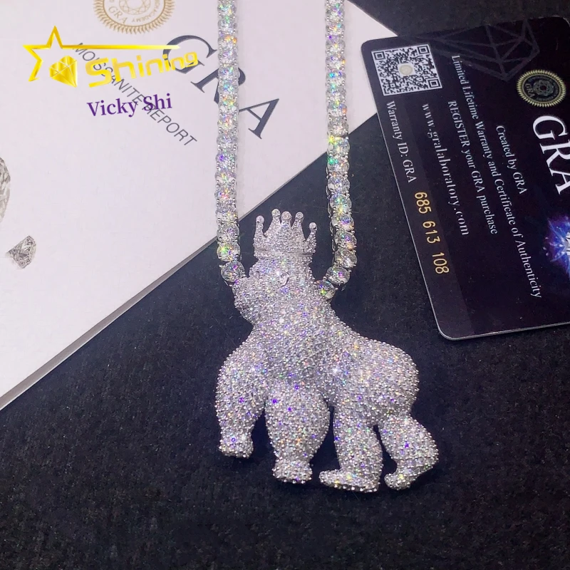 Fine Jewelry Custom Hip Hop Charm Pendant 925 Sterling Silver Iced Out VVS Moissanite Gorilla Pendant