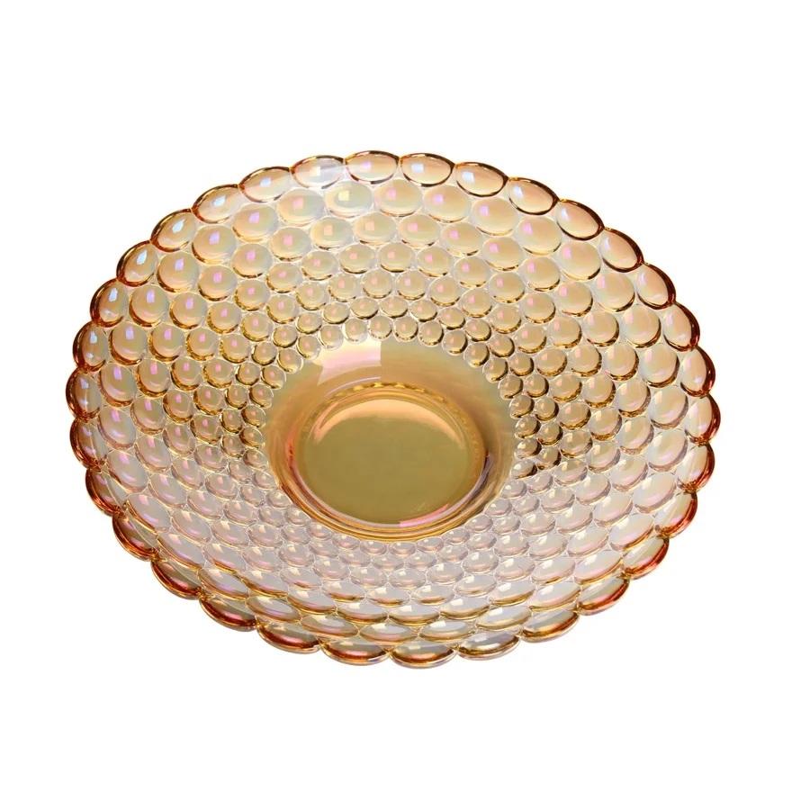 India Classic Fish Scale Round Shape Electroplated Colored Glass Fruit Plate Table Dish Storage Glass Pink Dish for Decoration