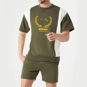 Summer Men Casual Shorts Sets Screen Printing T Shirt Color Block Men's Clothing 2 Pieces Short Sets