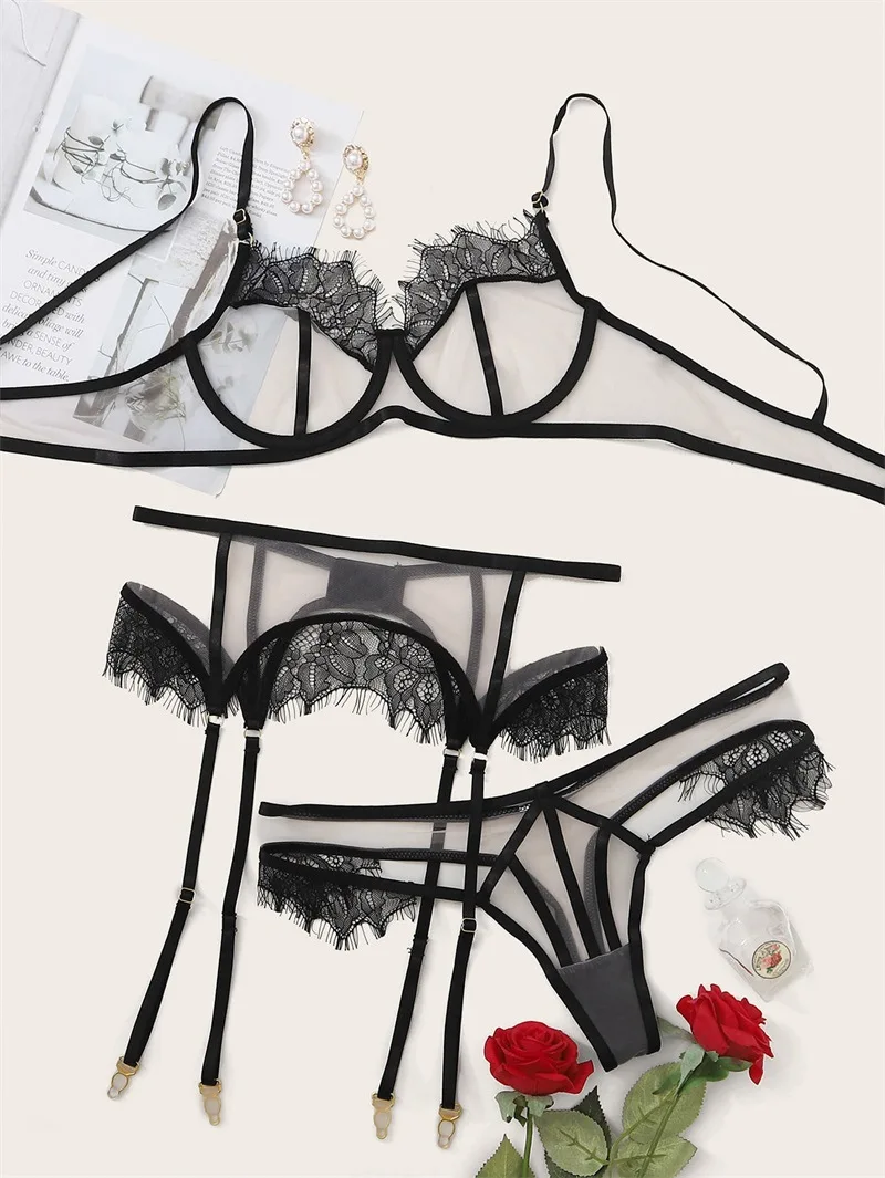 New Product Women Black Sheer Sexy Lingerie Erotic Nighsleep Bra And Panties With Garter Belt