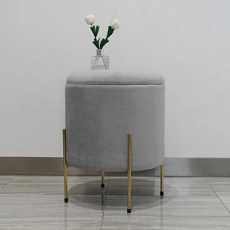 HStex Furniture New Sale Round Seated Footstool Velvet Gold Metal Legs Chairs Gray Ottoman Stools
