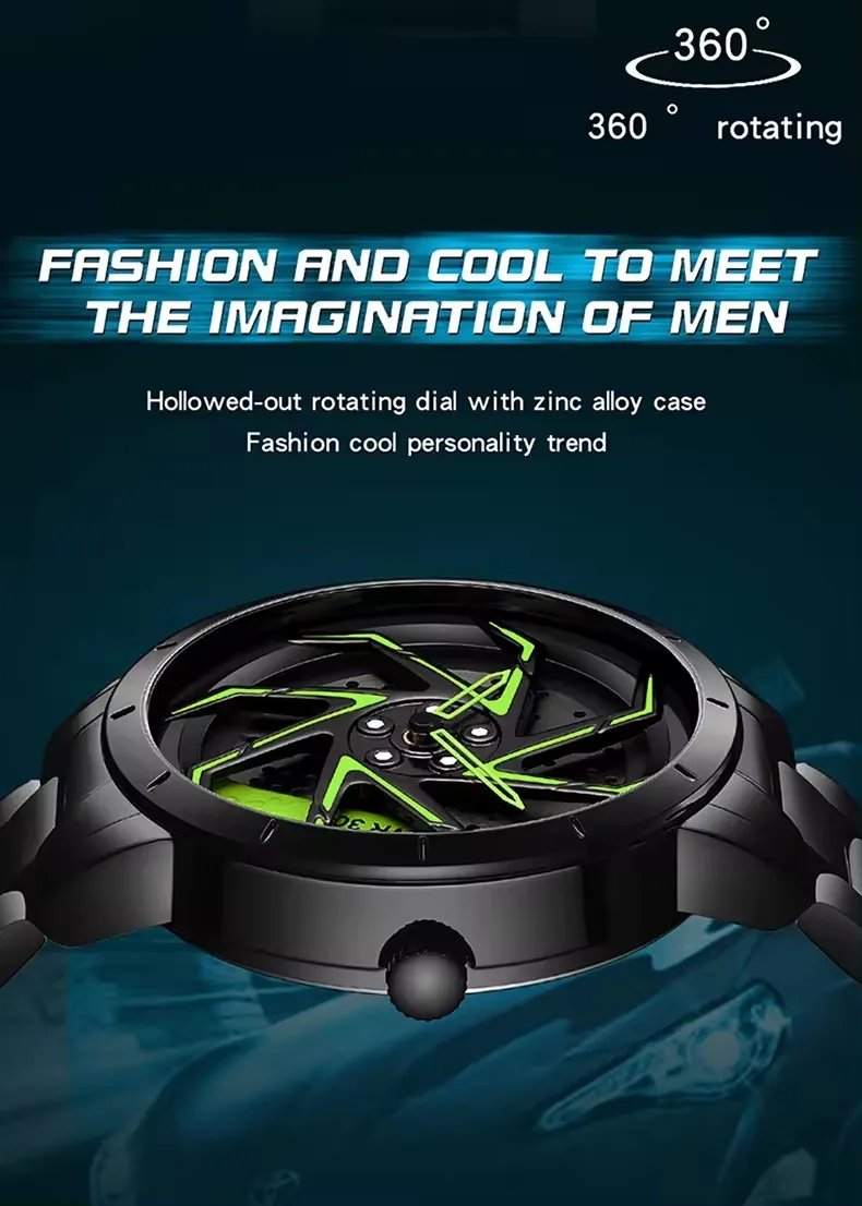 Wheel Rotation Watch Men's Car Wheel Rim Spinning Watch - Waterproof & Stylish