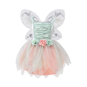 Green Fairy Princess Dress Beaded Multi-Layered Chiffon Tutu Headband Wings for Girls Anime Costume for Children (Polyester)