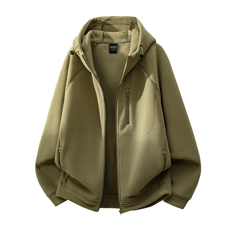 Fleece windproof hooded jacket, adjustable drawstring, unisex, loose fit, full zipper, autumn casual style.