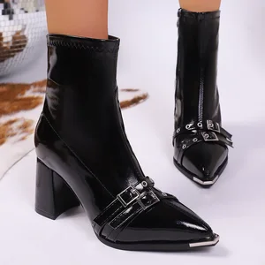 QuiteS 2026 WInter New Lace-up Solid Pointed Toe Belt Buckle High Heel Fashion Boots Chunky Heel Retro Slimming Shoes for Women