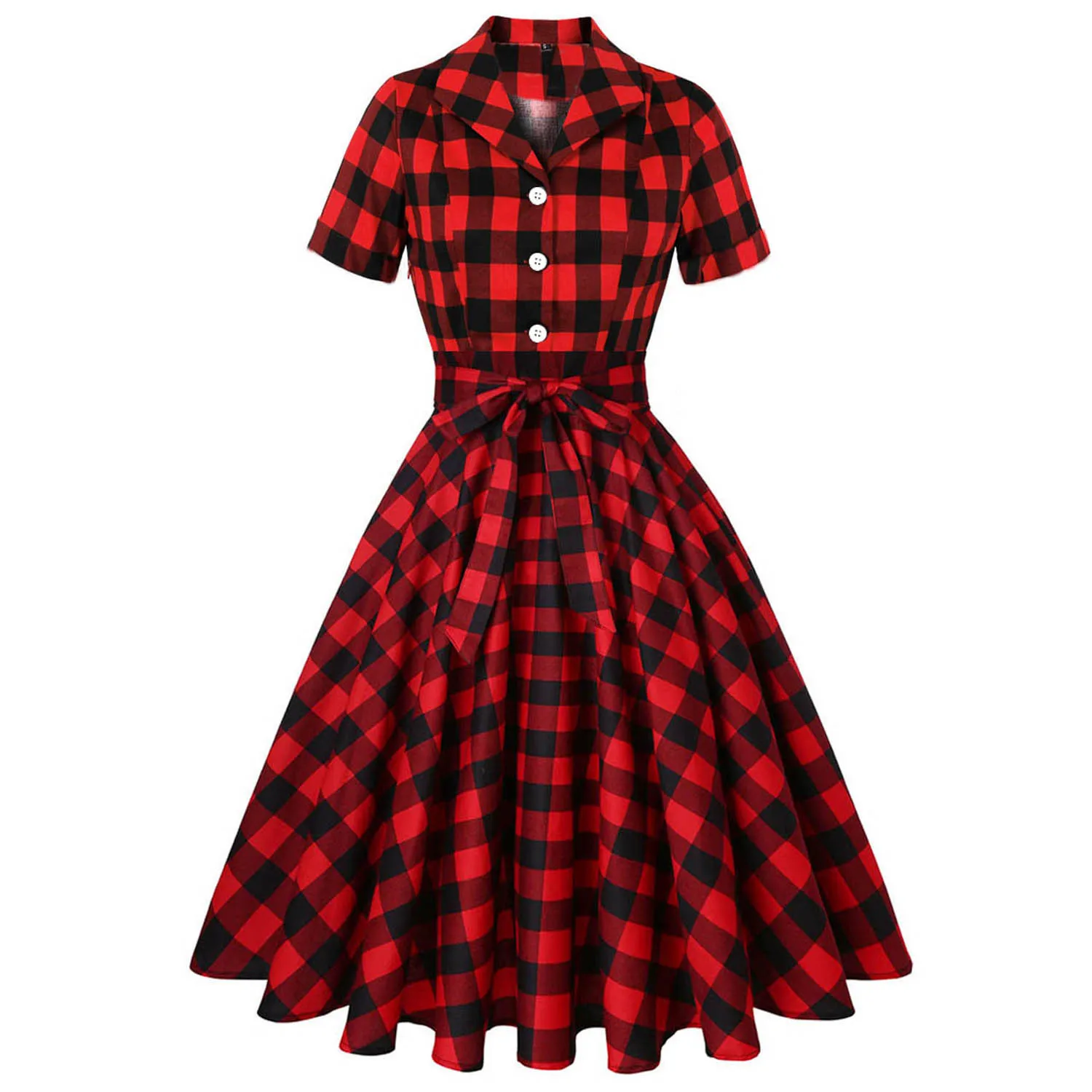 1950s Vintage Swing Dress for Women - Red/Black Plaid Knee-Length A-Line Style, Perfect for Casual and Party Wear 1950s Vintage Swing Dress for Women - Red/Black Plaid Knee-Length A-Line Style, Perfect for Casual and Party Wear