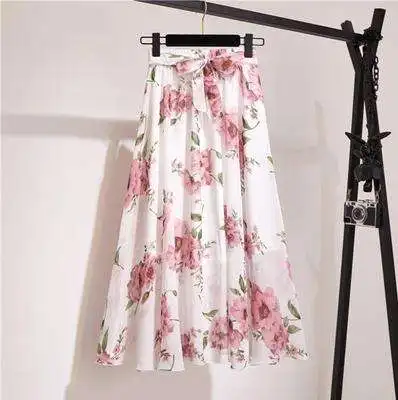 Women Summer Skirts 2022 Vintage Printed Chiffon A-link Skirt Bow Waist ...