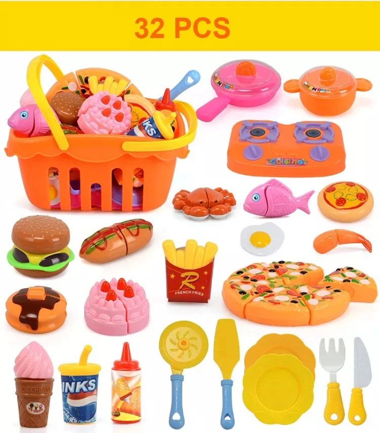 Kids Kitchen Set Pretend Play Plastic Fruit And Vegetable Cut Toys Trolley Basket Girls Kitchen