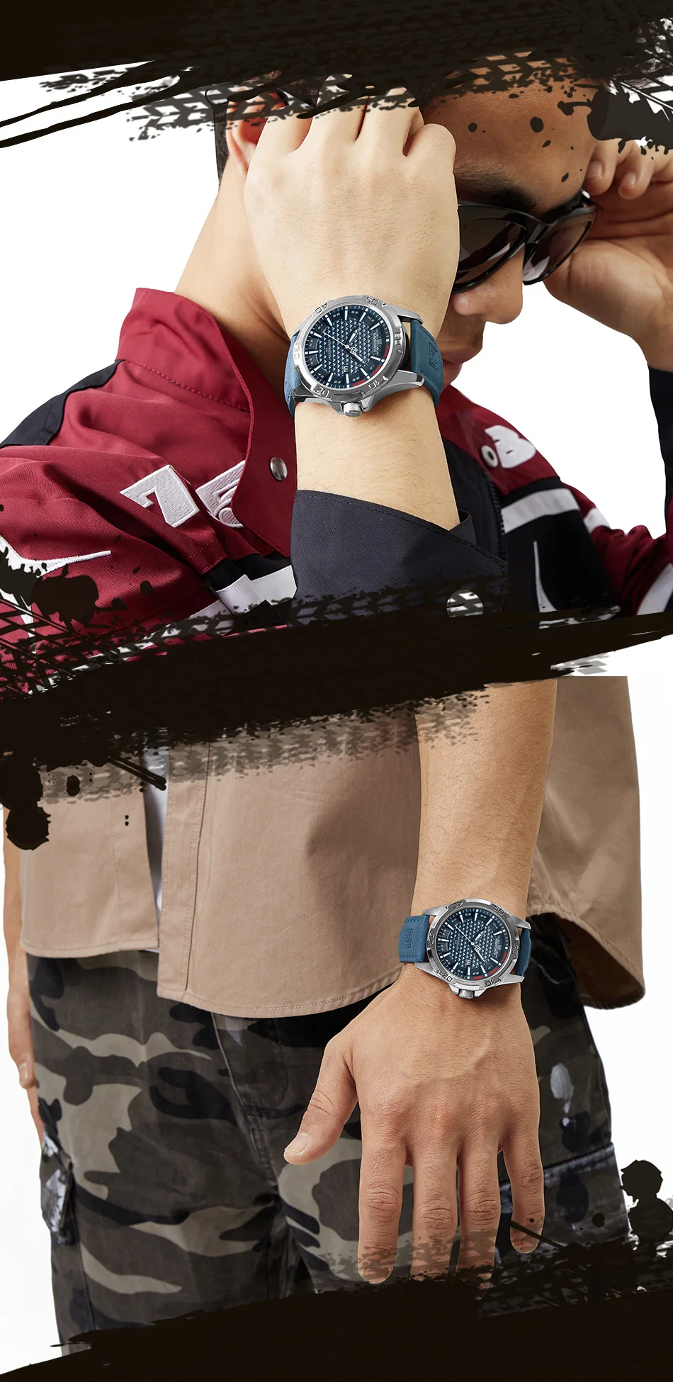 NAVIFORCE 8023 Men Wristwatch Top Brand Luxury Waterproof Watch Blue Genuine Leather Sport Quartz Original Male Clock