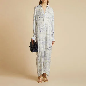 Clothing Manufacturer Custom Spring Autumn White Polo Neck Long Sleeve Elegant Casual Women Print Maxi Shirt Dress