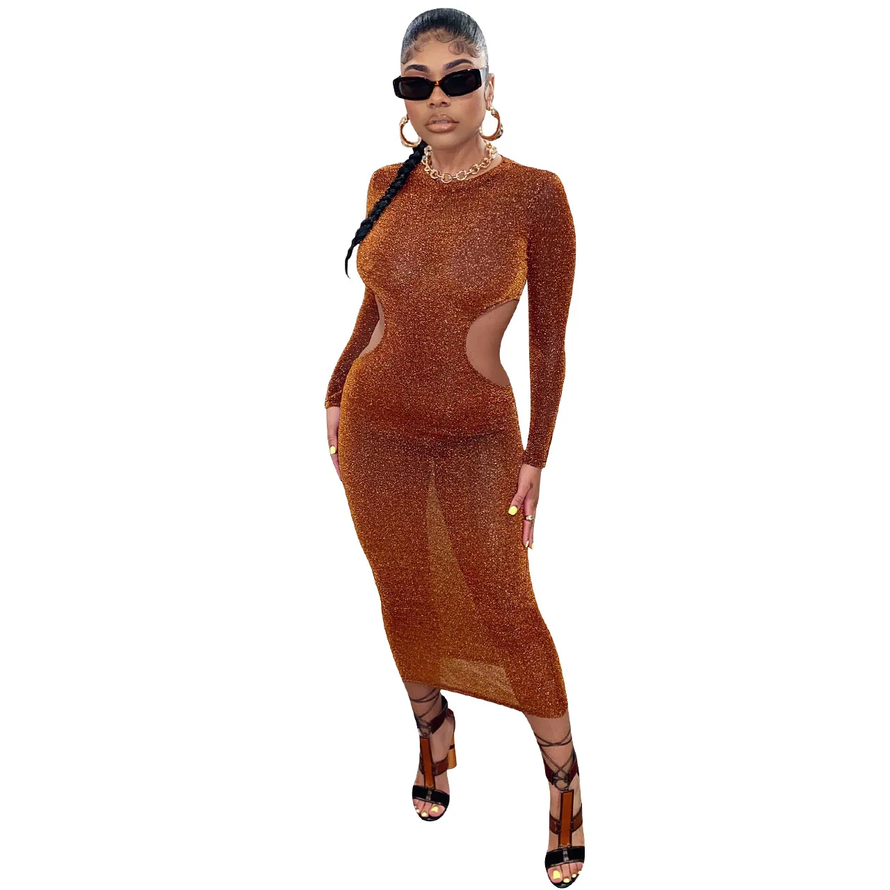 Cut Out See Through Woman Fall Dress Shiny Sexy Birthday Dress Long Sleeve  Casual Club Dresses
