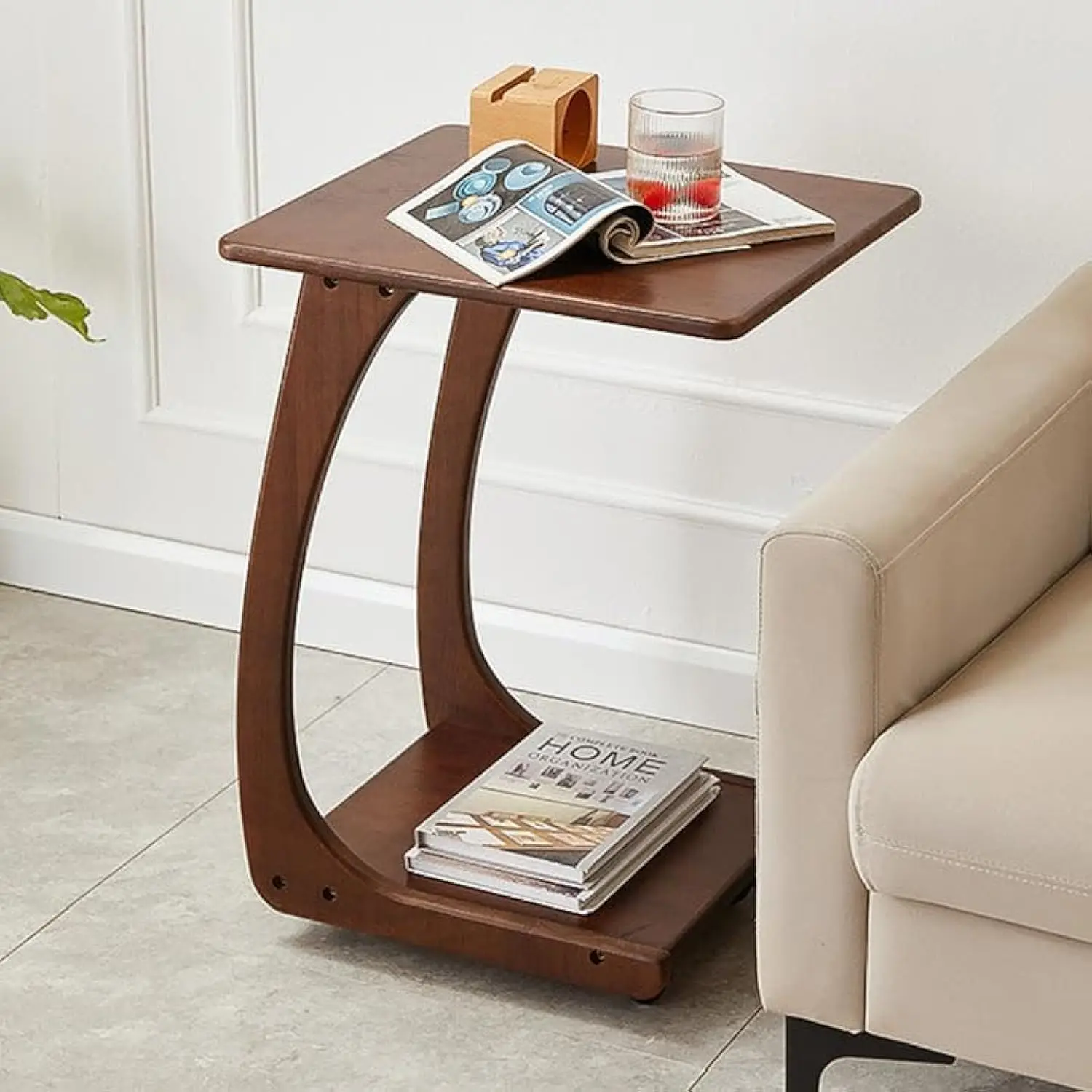 Walnut Wood C Shaped End Table 2-Tier Sofa Side Table with Lockable Wheels Storage Shelf Under Couch TV Tray for Small Spaces