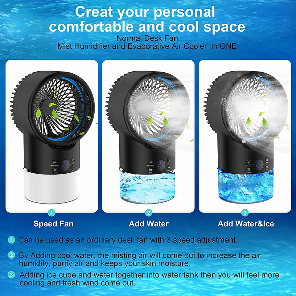 2020 New Mini Fan Air Conditioner Portable Air Condition Water Cool Air  Cooler Fan Black