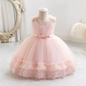ODM Summer Sleeveless Kids Evening Dress Bow Knee-Length Embroidery Flowers Princess Dress for Children's Birthday Party