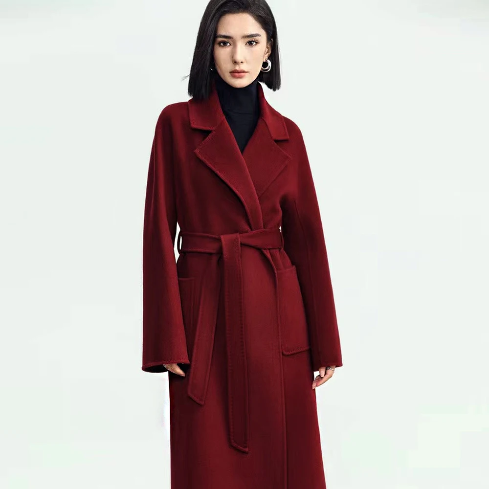 High Quality Solid Cashmere Coats for Women Elegant Luxury Blend Trench Coat Belted Solid Color Elegant Overcoat
