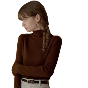 Women's Long Sleeve Soft Wool Jumper Sweater Customized High Neckline Pullover Elastic Basic Solid Color Knitwear for Autumn