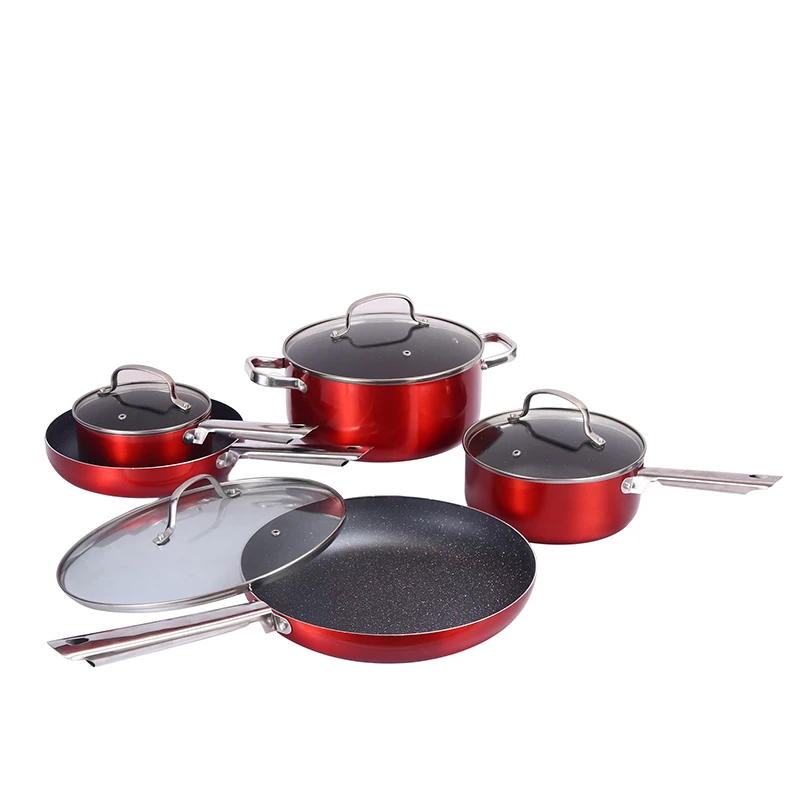 Aluminum Frying Pan Cooker Set Non Stick Coating Red Casserole Cookware Sets