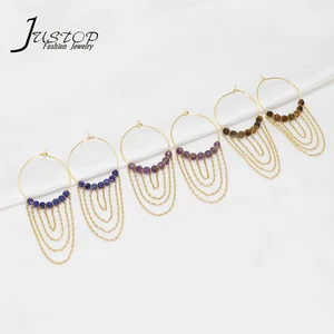 Elegant Natural Stone Jewelry Gold Plated Layer Chain Tiger Eye Hoop Stainless Steel Metal Sets Big Earrings